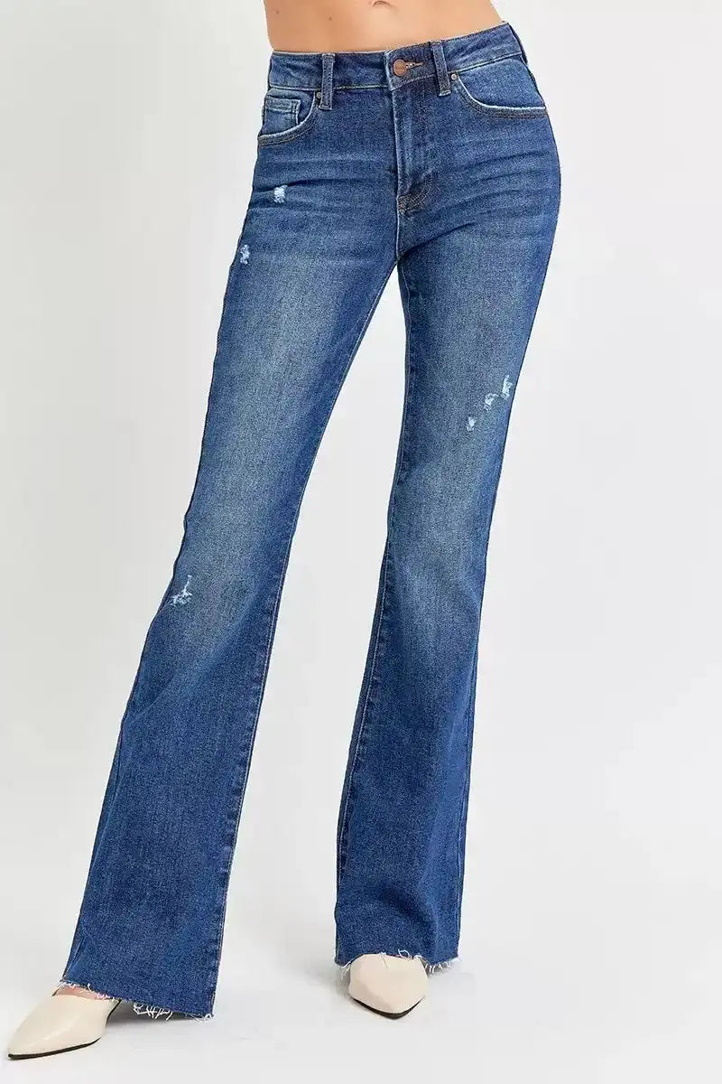 RISEN Distressed Mid Rise Flare Jeans RDP5366 - Sleekdenim.com