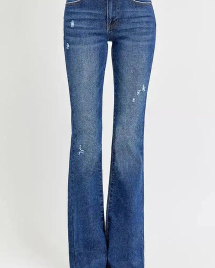 RISEN Distressed Mid Rise Flare Jeans - Sleekdenim.com