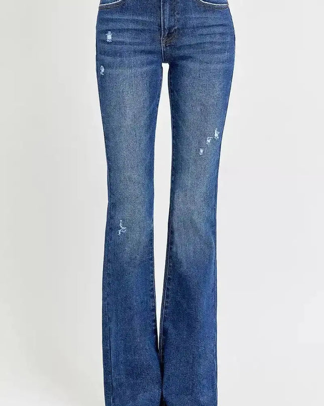 RISEN Distressed Mid Rise Flare Jeans - Sleekdenim.com