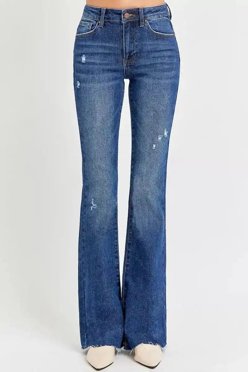 RISEN Distressed Mid Rise Flare Jeans RDP5366 - Sleekdenim.com