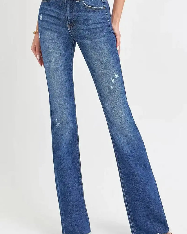 RISEN Distressed Mid Rise Flare Jeans - Sleekdenim.com