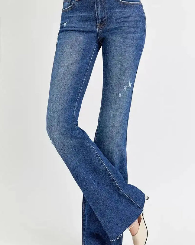 RISEN Distressed Mid Rise Flare Jeans - Sleekdenim.com