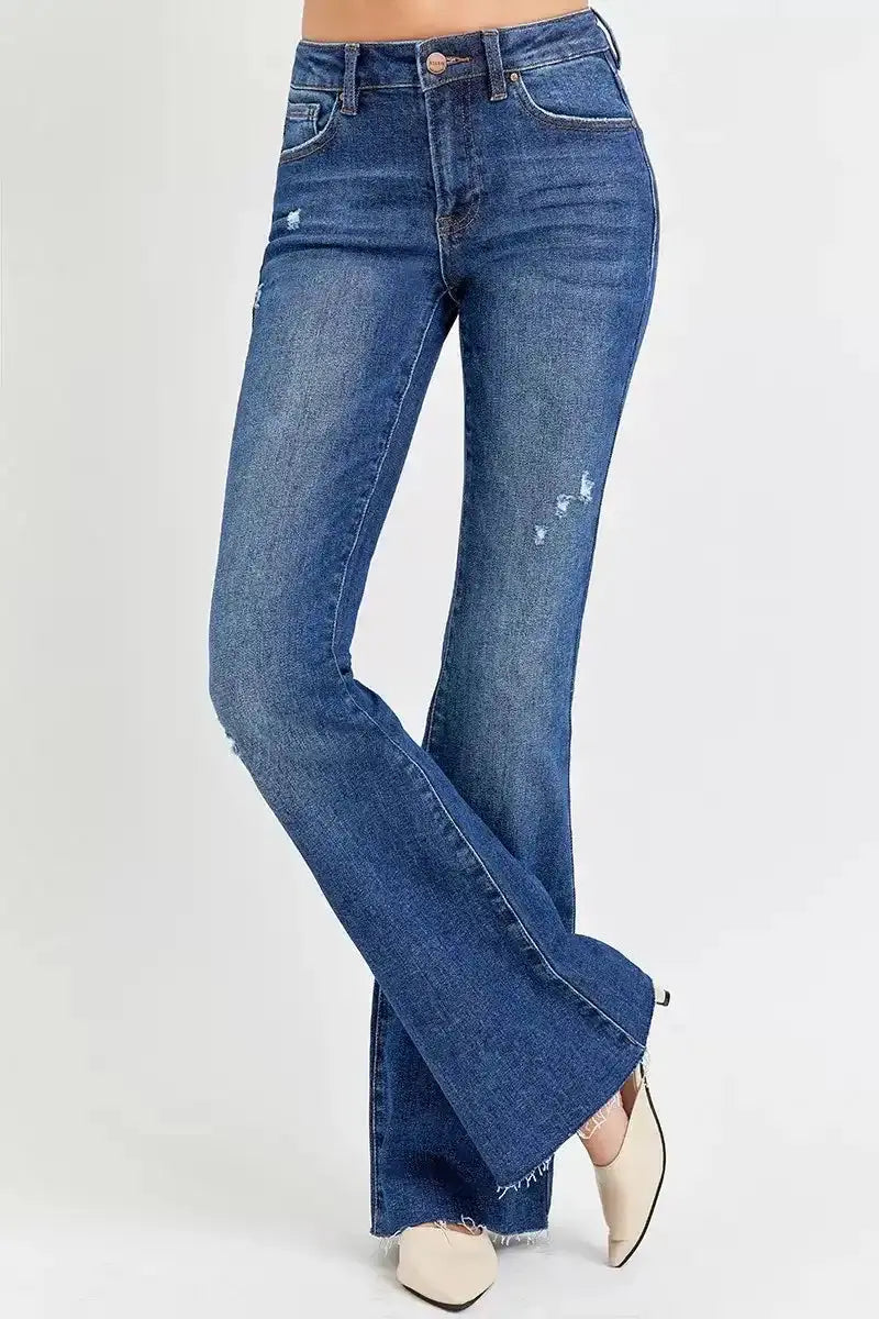 RISEN Distressed Mid Rise Flare Jeans RDP5366 - Sleekdenim.com