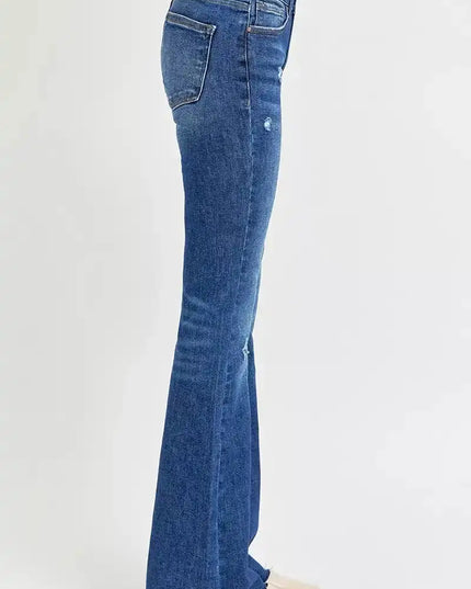 RISEN Distressed Mid Rise Flare Jeans - Sleekdenim.com