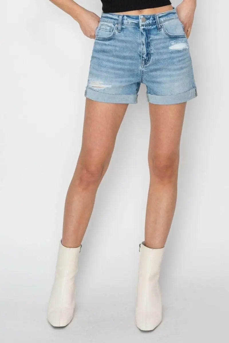 RISEN Distressed Mid - Rise Waist Denim Shorts - Sleekdenim.com