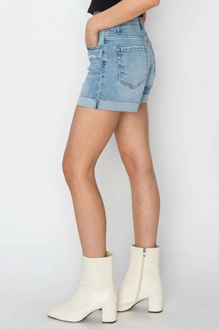 RISEN Distressed Mid - Rise Waist Denim Shorts - Sleekdenim.com