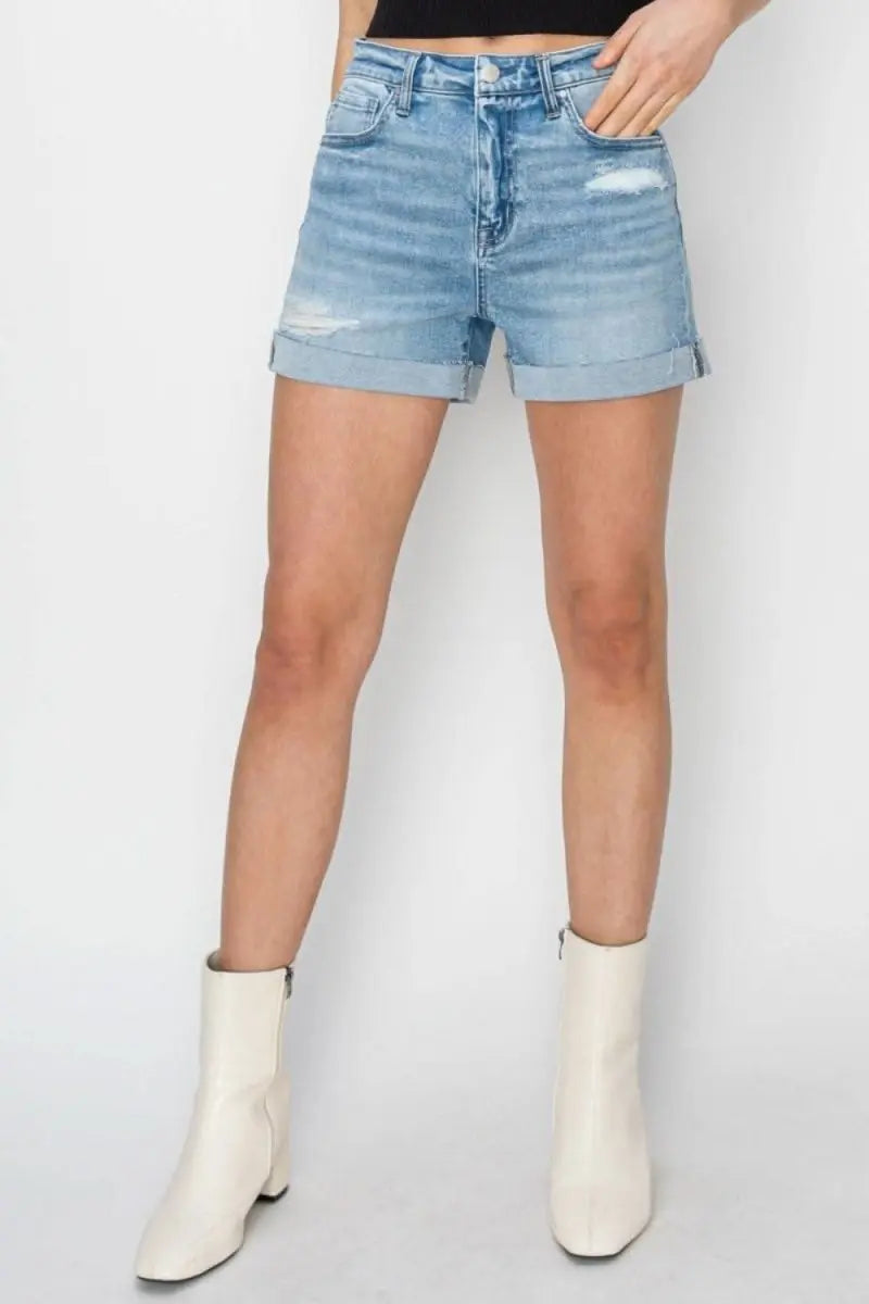 RISEN Distressed Mid - Rise Waist Denim Shorts - Sleekdenim.com