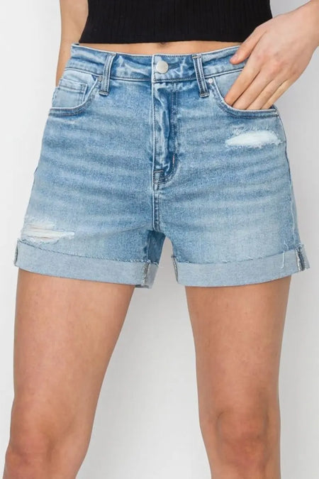 RISEN Distressed Mid - Rise Waist Denim Shorts - Sleekdenim.com