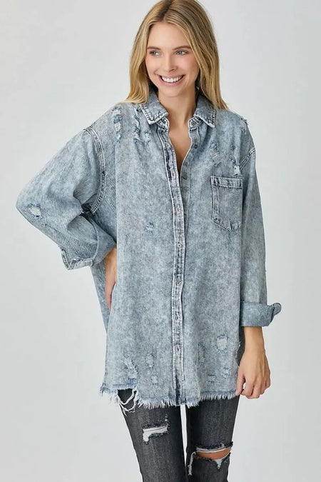 RISEN Distressed Raw Hem Denim Shirt - Sleekdenim.com