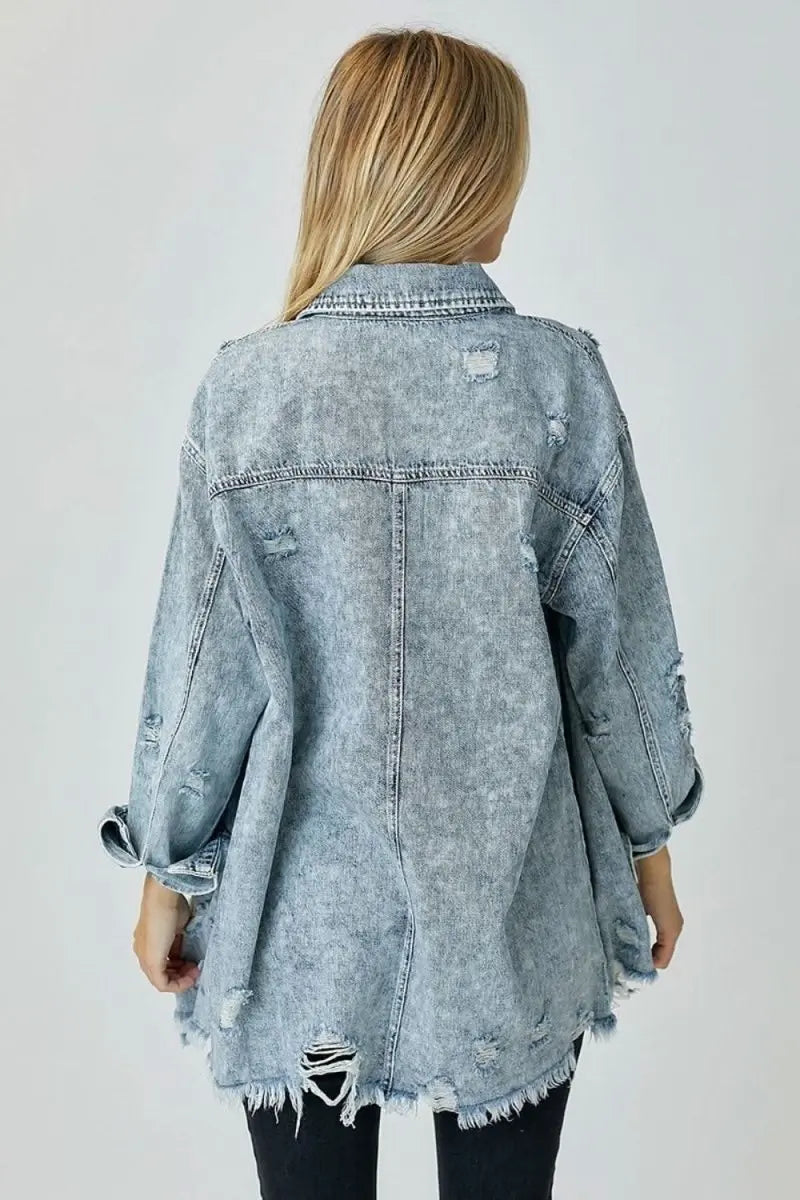 RISEN Distressed Raw Hem Denim Shirt - Sleekdenim.com