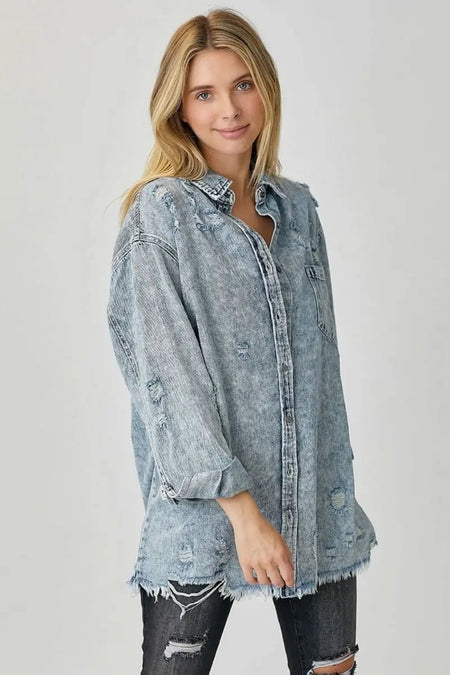 RISEN Distressed Raw Hem Denim Shirt - Sleekdenim.com