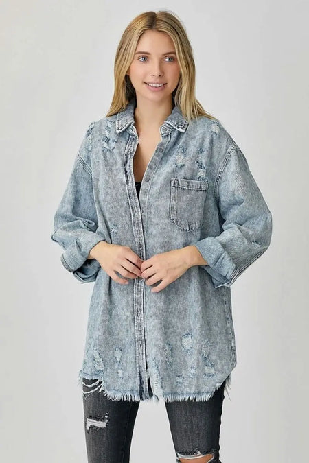 RISEN Distressed Raw Hem Denim Shirt - Sleekdenim.com