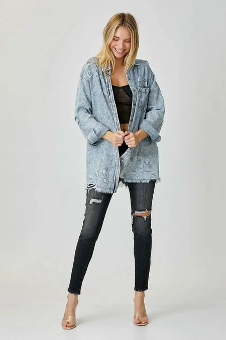 RISEN Distressed Raw Hem Denim Shirt - Sleekdenim.com