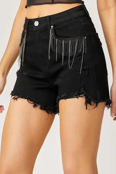 RISEN Frayed Hem Denim Shorts with Fringe Detail Pockets - Sleekdenim.com