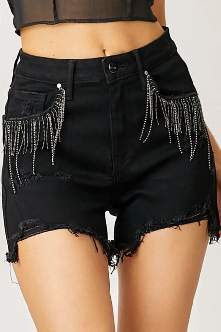 RISEN Frayed Hem Denim Shorts with Fringe Detail Pockets - Sleekdenim.com