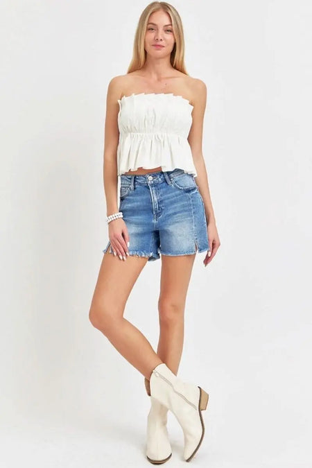 RISEN Front Slit Raw Hem Denim Shorts - Sleekdenim.com