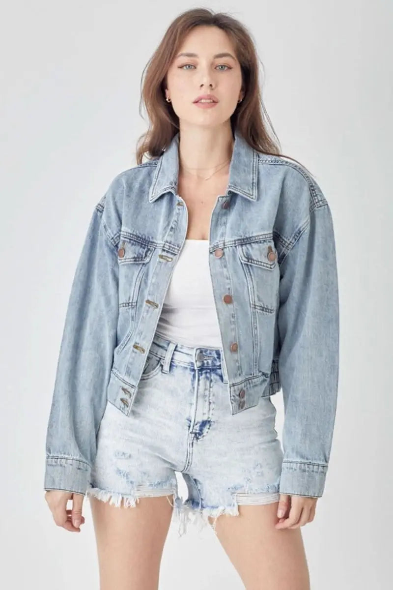 RISEN Full Size Button Down Cropped Denim Jacket - Sleekdenim.com