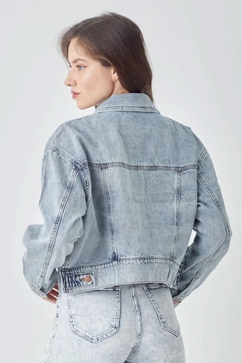 RISEN Full Size Button Down Cropped Denim Jacket - Sleekdenim.com