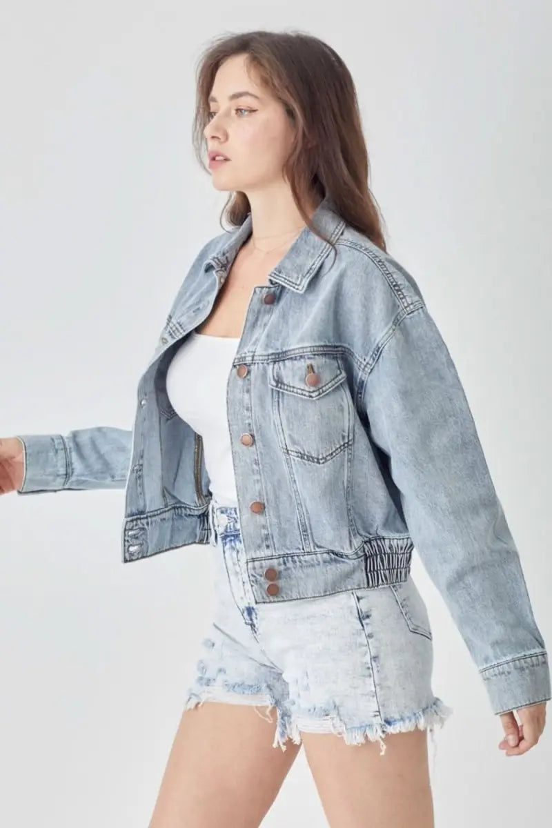 RISEN Full Size Button Down Cropped Denim Jacket - Sleekdenim.com