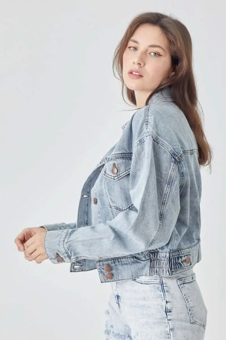 RISEN Full Size Button Down Cropped Denim Jacket - Sleekdenim.com