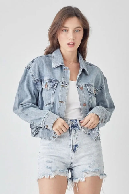 RISEN Full Size Button Down Cropped Denim Jacket - Sleekdenim.com