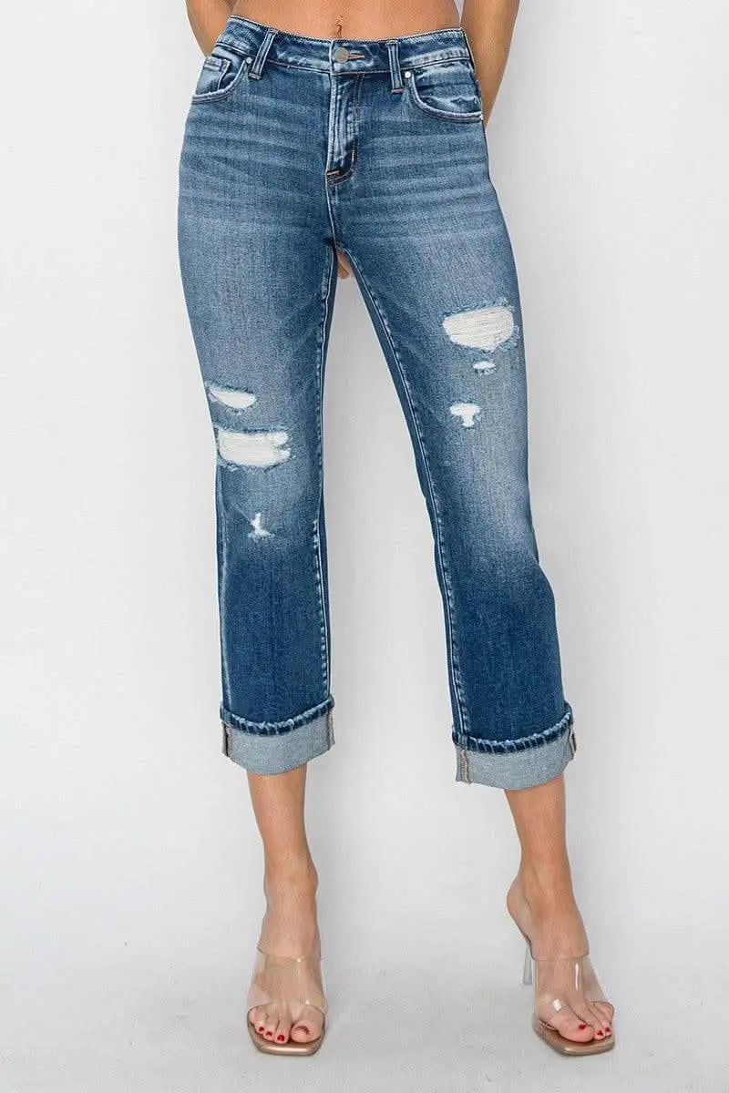 RISEN Full Size Cuffed Ankle Distressed Straight Jeans - Sleekdenim.com