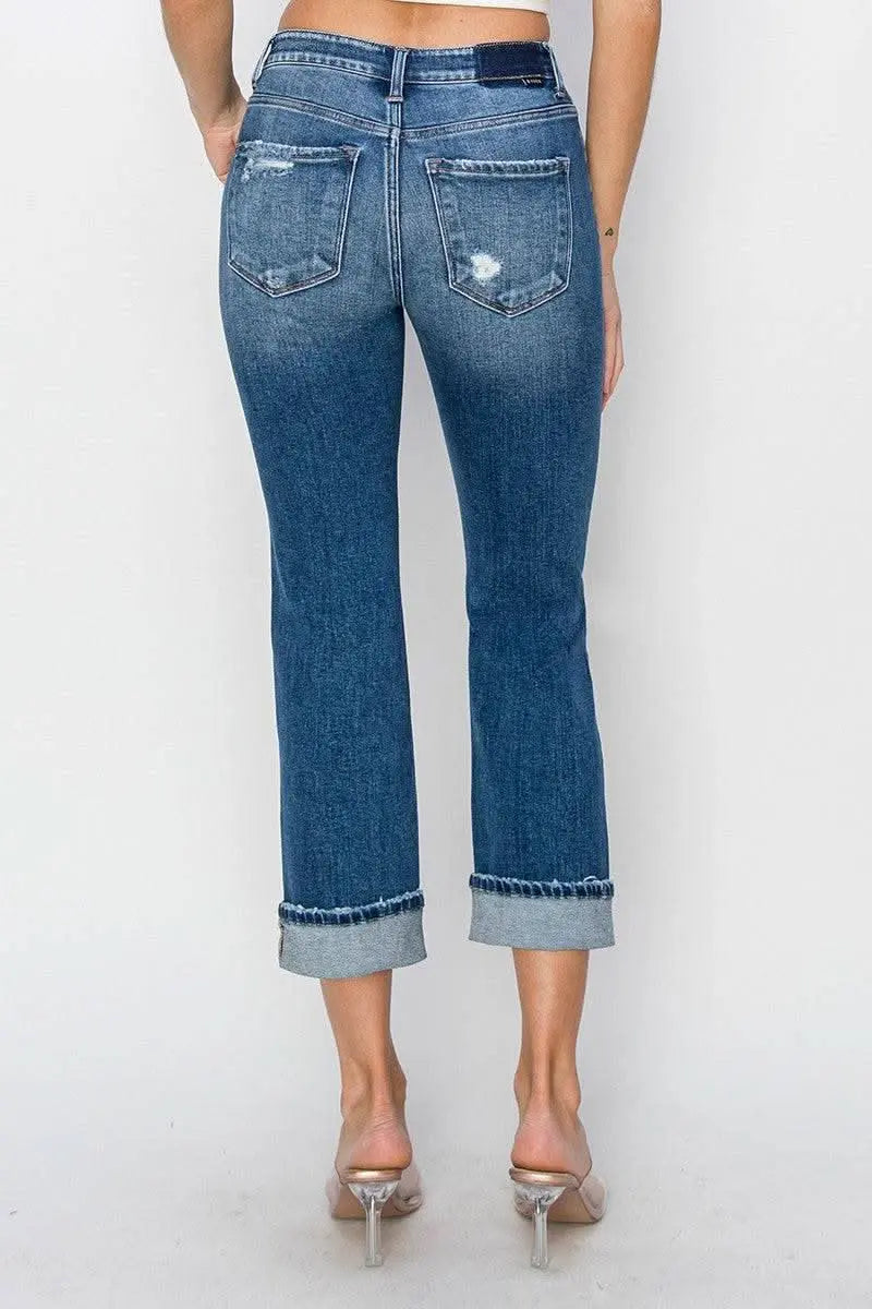 RISEN Full Size Cuffed Ankle Distressed Straight Jeans - Sleekdenim.com