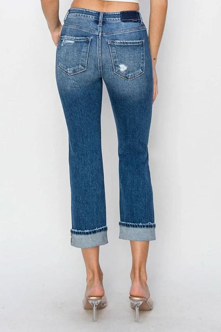 RISEN Full Size Cuffed Ankle Distressed Straight Jeans - Sleekdenim.com