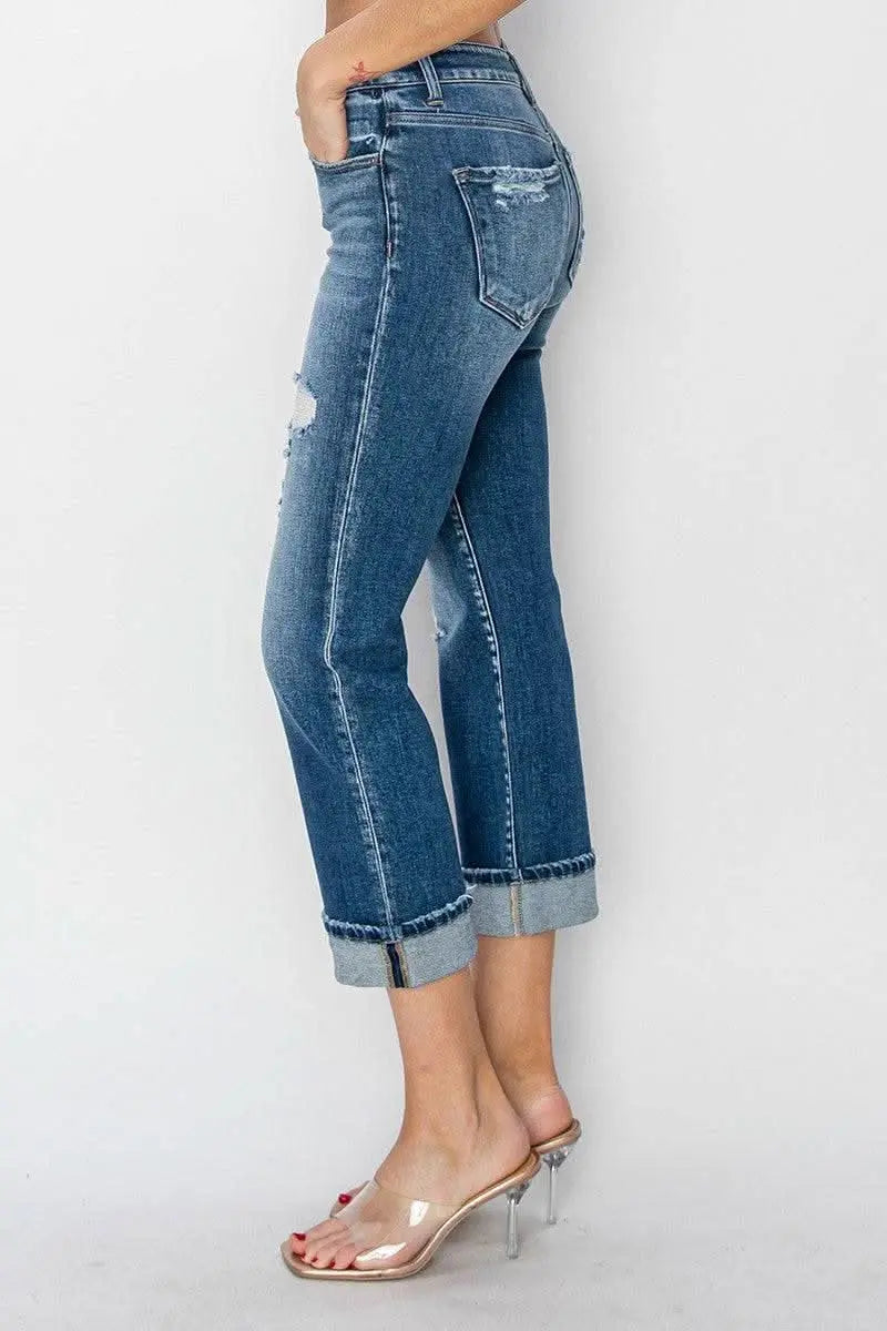 RISEN Full Size Cuffed Ankle Distressed Straight Jeans - Sleekdenim.com