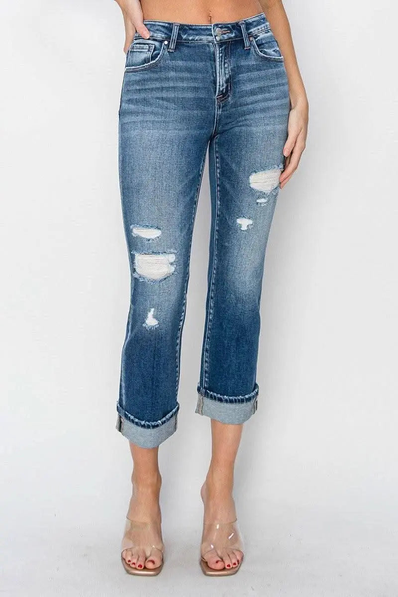 RISEN Full Size Cuffed Ankle Distressed Straight Jeans - Sleekdenim.com