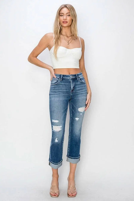 RISEN Full Size Cuffed Ankle Distressed Straight Jeans - Sleekdenim.com