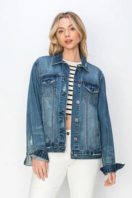 RISEN Full Size Distressed Button Up Jacket - Sleekdenim.com