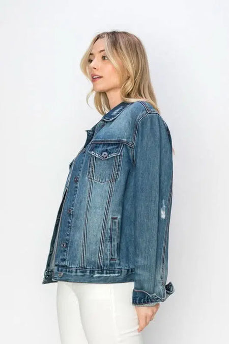 RISEN Full Size Distressed Button Up Jacket - Sleekdenim.com