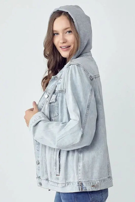 RISEN Full Size Distressed Drawstring Hooded Denim Jacket - Sleekdenim.com