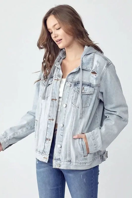 RISEN Full Size Distressed Drawstring Hooded Denim Jacket - Sleekdenim.com