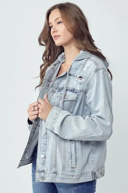 RISEN Full Size Distressed Drawstring Hooded Denim Jacket - Sleekdenim.com