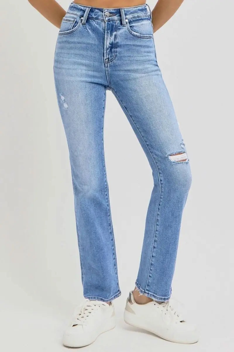 RISEN Full Size Distressed High - Rise Ankle Straight Jeans - Sleekdenim.com