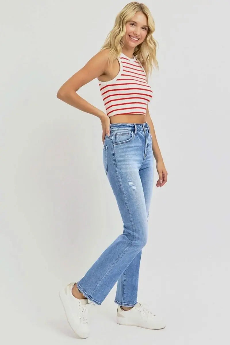 RISEN Full Size Distressed High - Rise Ankle Straight Jeans - Sleekdenim.com