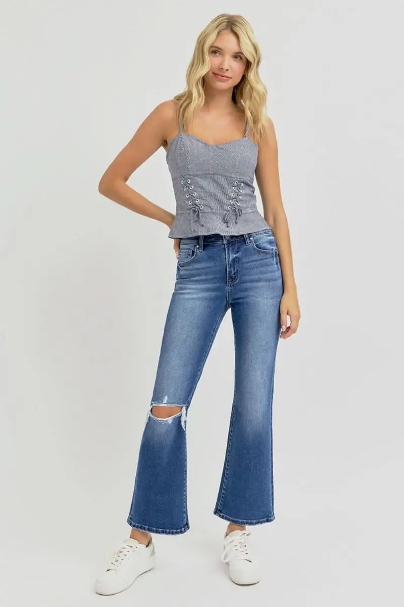 RISEN Full Size Distressed High Rise Crop Flare Jeans - Sleekdenim.com