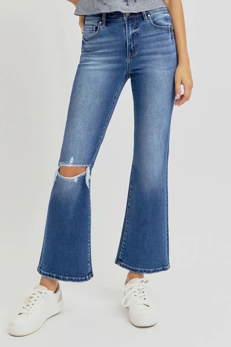 RISEN Full Size Distressed High Rise Crop Flare Jeans - Sleekdenim.com