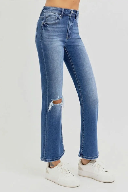 RISEN Full Size Distressed High Rise Crop Flare Jeans - Sleekdenim.com