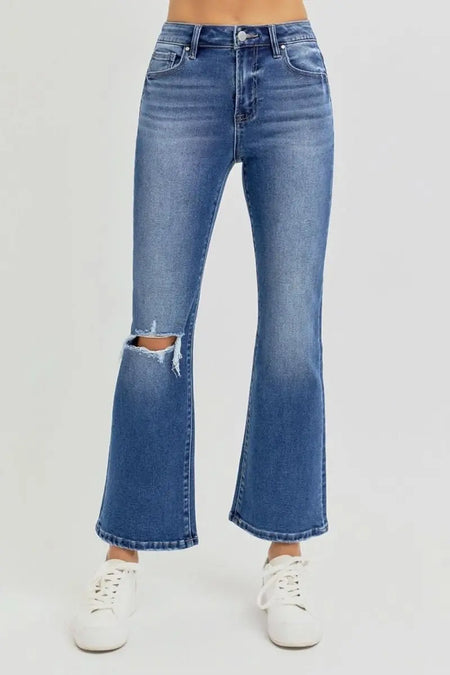 RISEN Full Size Distressed High Rise Crop Flare Jeans - Sleekdenim.com