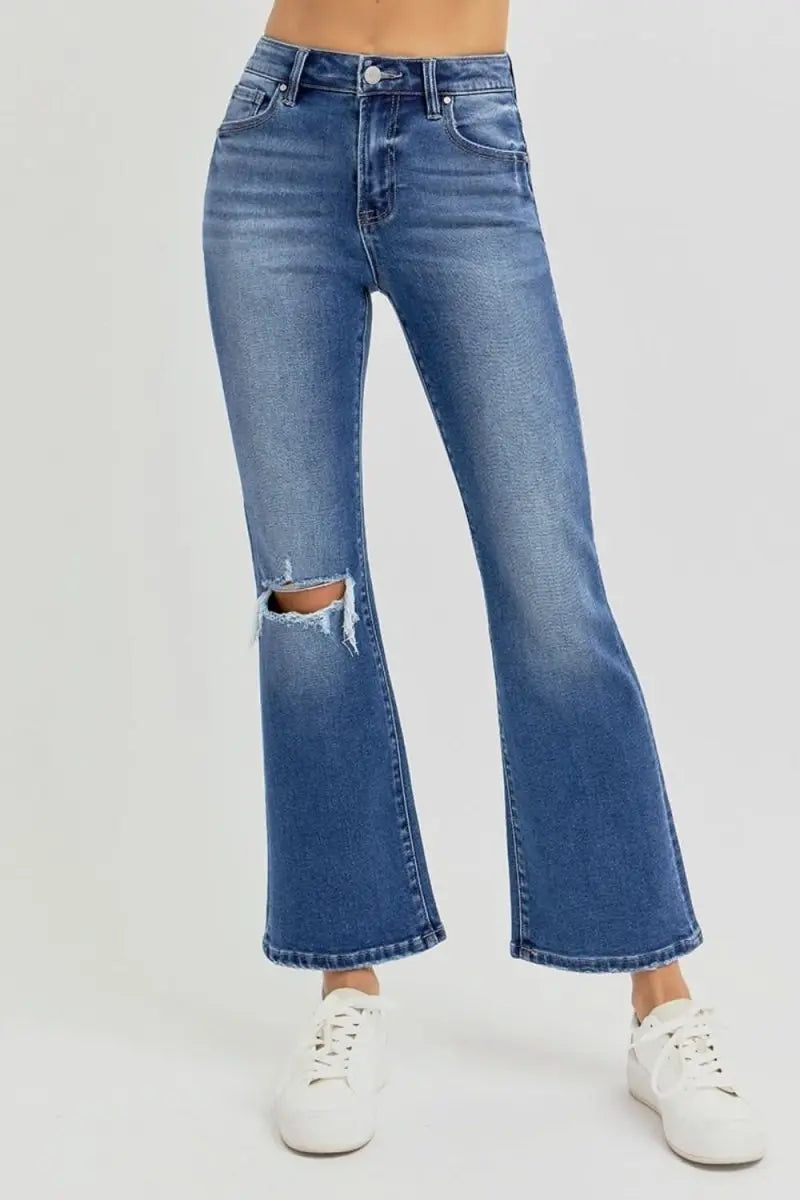 RISEN Full Size Distressed High Rise Crop Flare Jeans - Sleekdenim.com