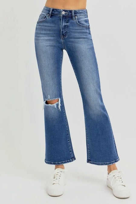 RISEN Full Size Distressed High Rise Crop Flare Jeans - Sleekdenim.com