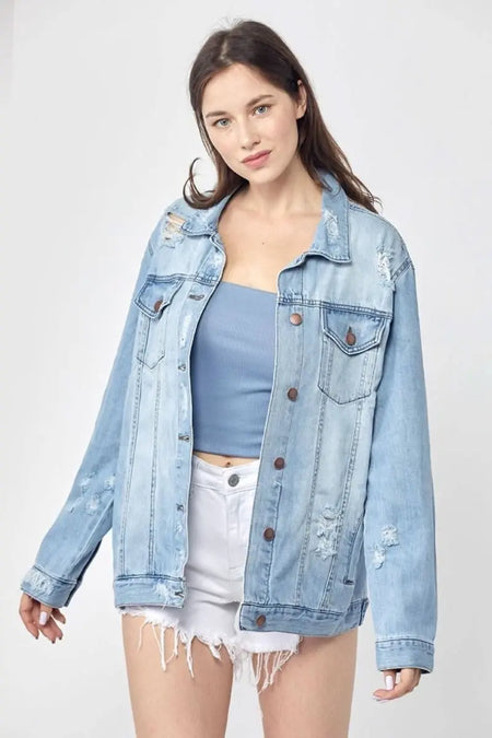 RISEN Full Size Distressed Long Sleeve Denim Jacket Plus Size - Sleekdenim.com