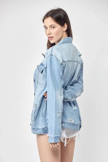 RISEN Full Size Distressed Long Sleeve Denim Jacket Plus Size - Sleekdenim.com