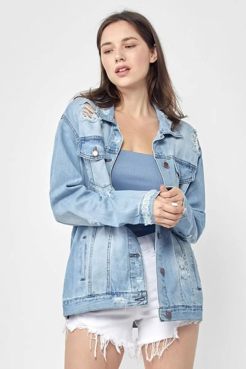 RISEN Full Size Distressed Long Sleeve Denim Jacket Plus Size - Sleekdenim.com