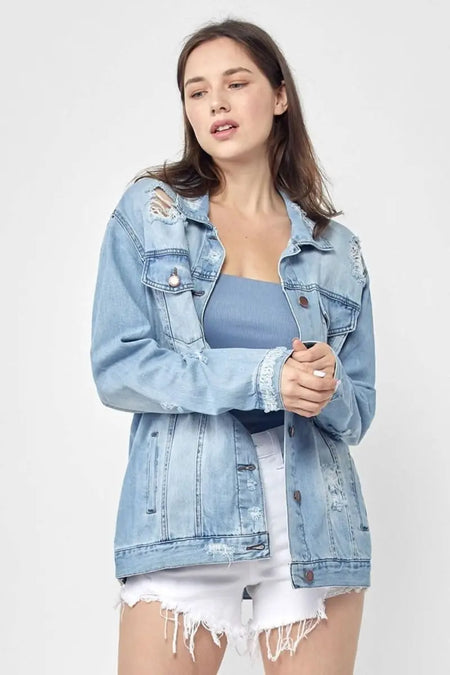 RISEN Full Size Distressed Long Sleeve Denim Jacket Plus Size - Sleekdenim.com