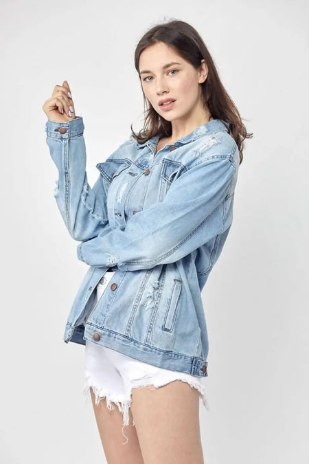 RISEN Full Size Distressed Long Sleeve Denim Jacket Plus Size - Sleekdenim.com