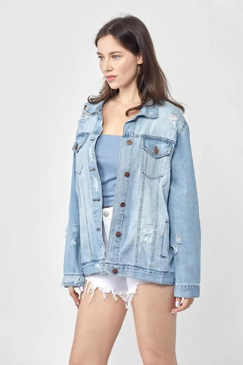 RISEN Full Size Distressed Long Sleeve Denim Jacket Plus Size - Sleekdenim.com